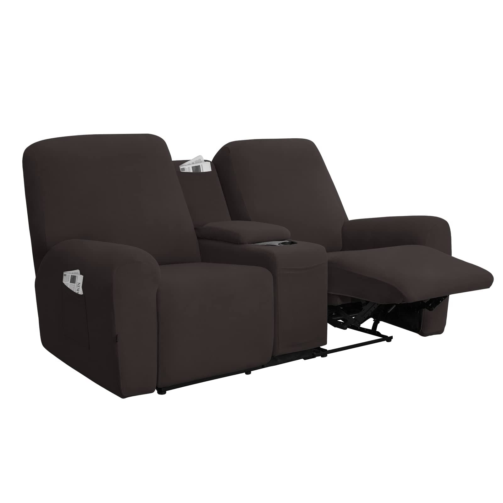 Chocolate Soft Fleece Recliner Loveseat Cover with Storage Chocolate