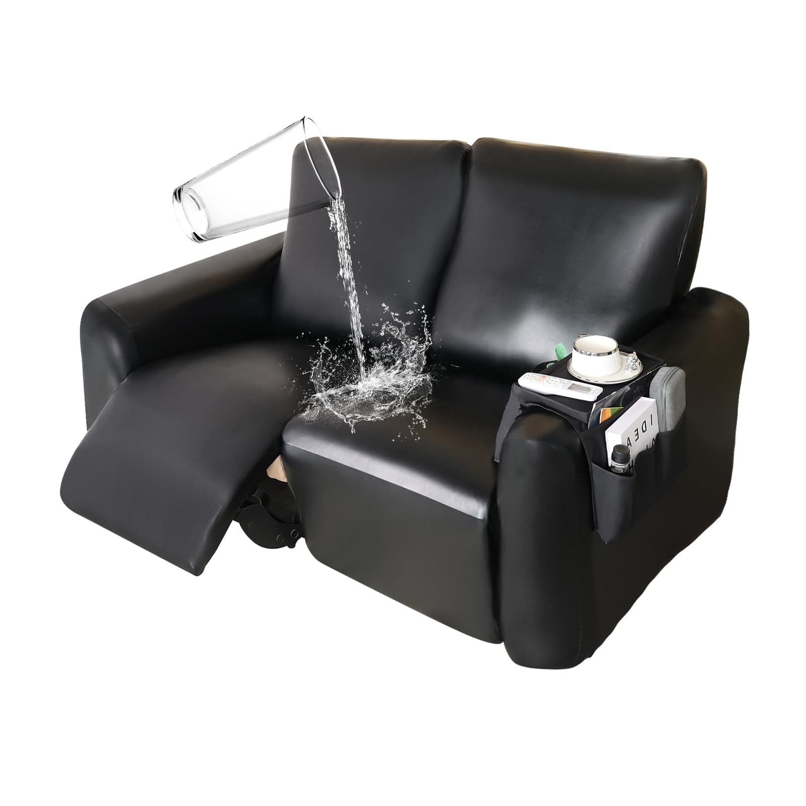 PU Leather Recliner Cover with Armrest Storage, 6-Piece Waterproof Sofa (Black)