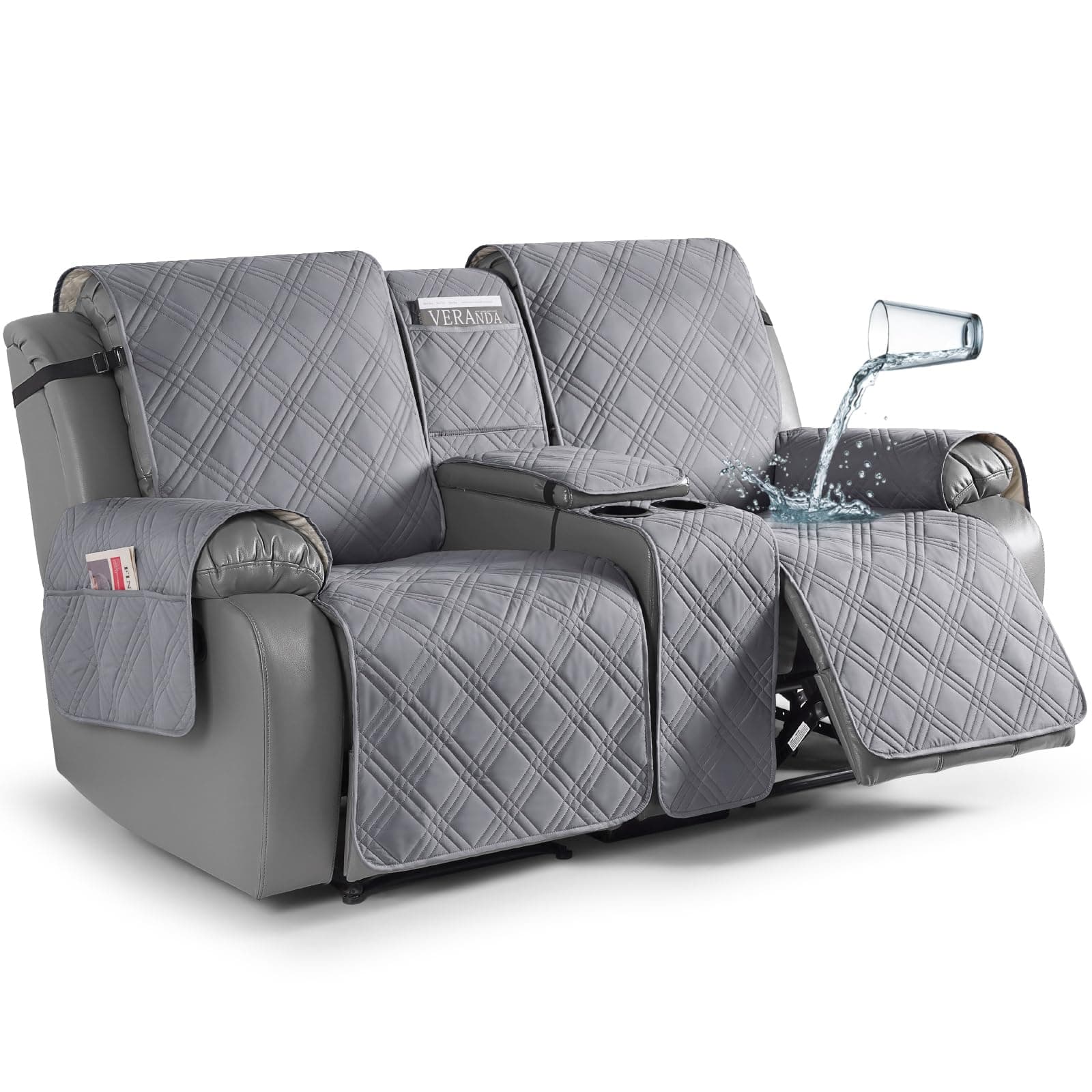 TAOCOCO Waterproof Loveseat Recliner Cover with Center Console – Pet & Kid Protector for Split Reclining Furniture (Gray)