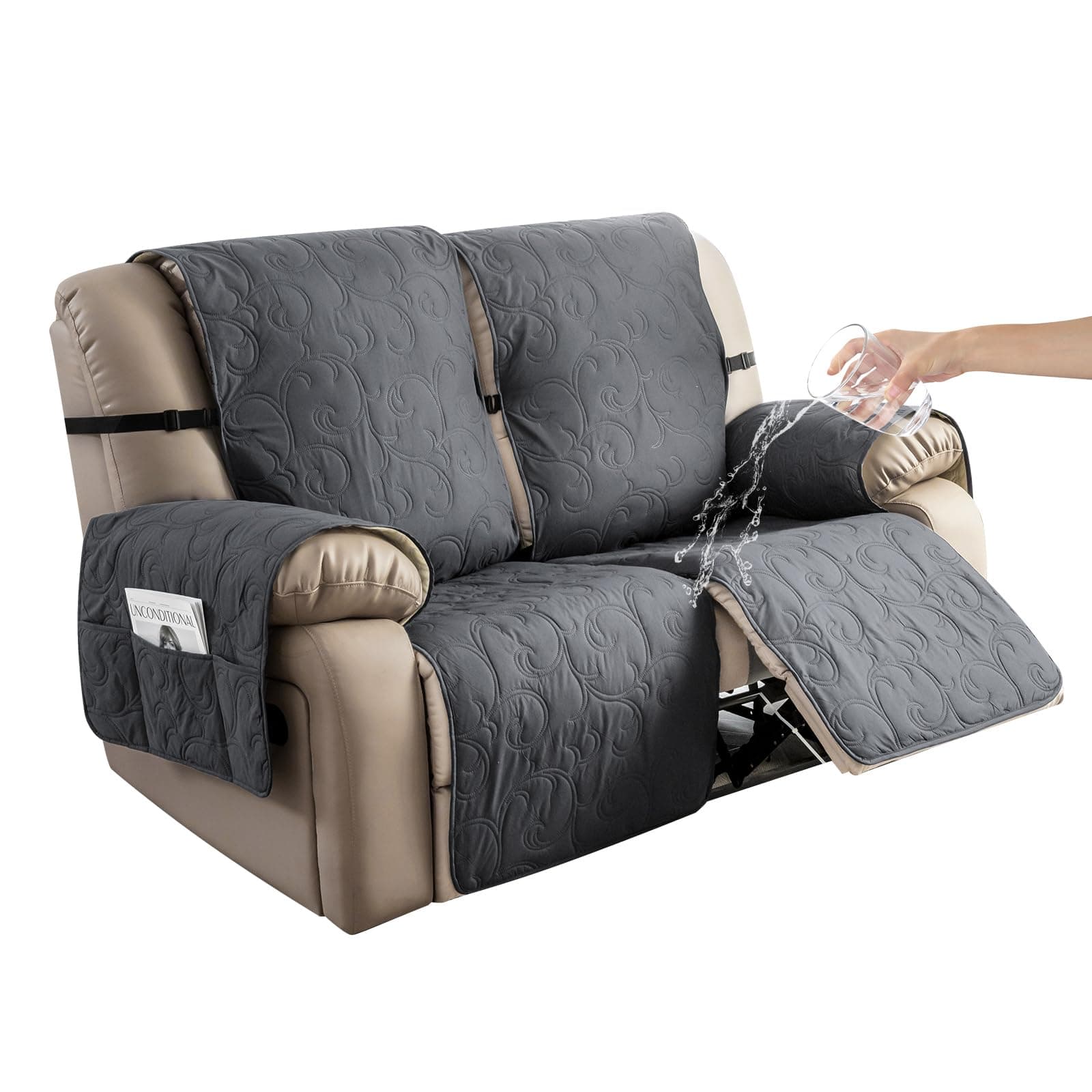 Genina 100% Waterproof Couch Covers for 2 Cushion Reclining Sofas (Dark Gray)