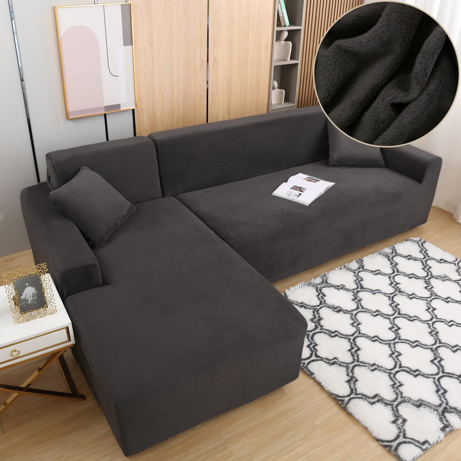 Dark Grey Stretch Velvet L-Shaped Sectional Sofa Slipcover (2Pcs)