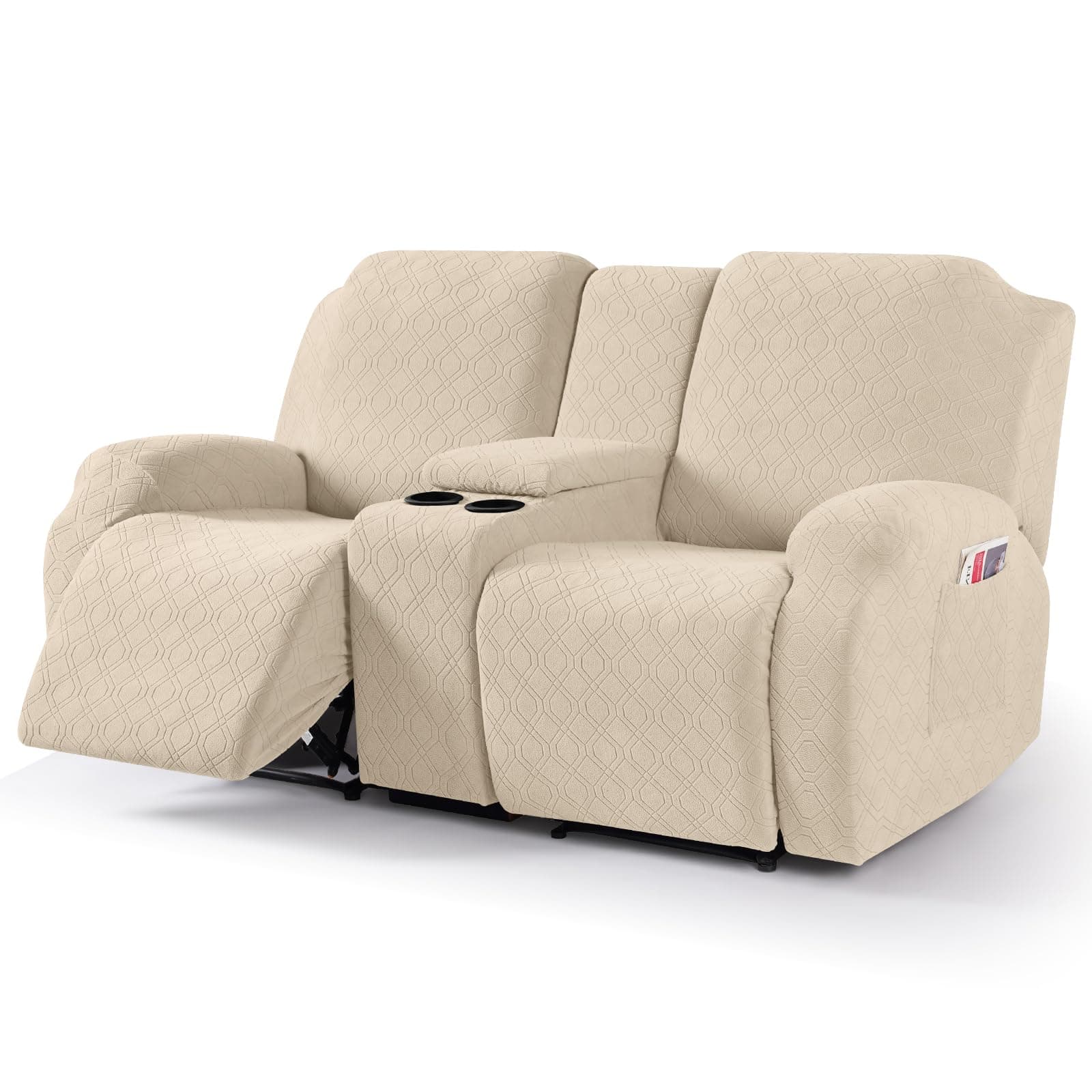 VANSOFY Stretch Reclining Sofa Cover for 2 Seat Jacquard Couch with Middle Console (Cream)