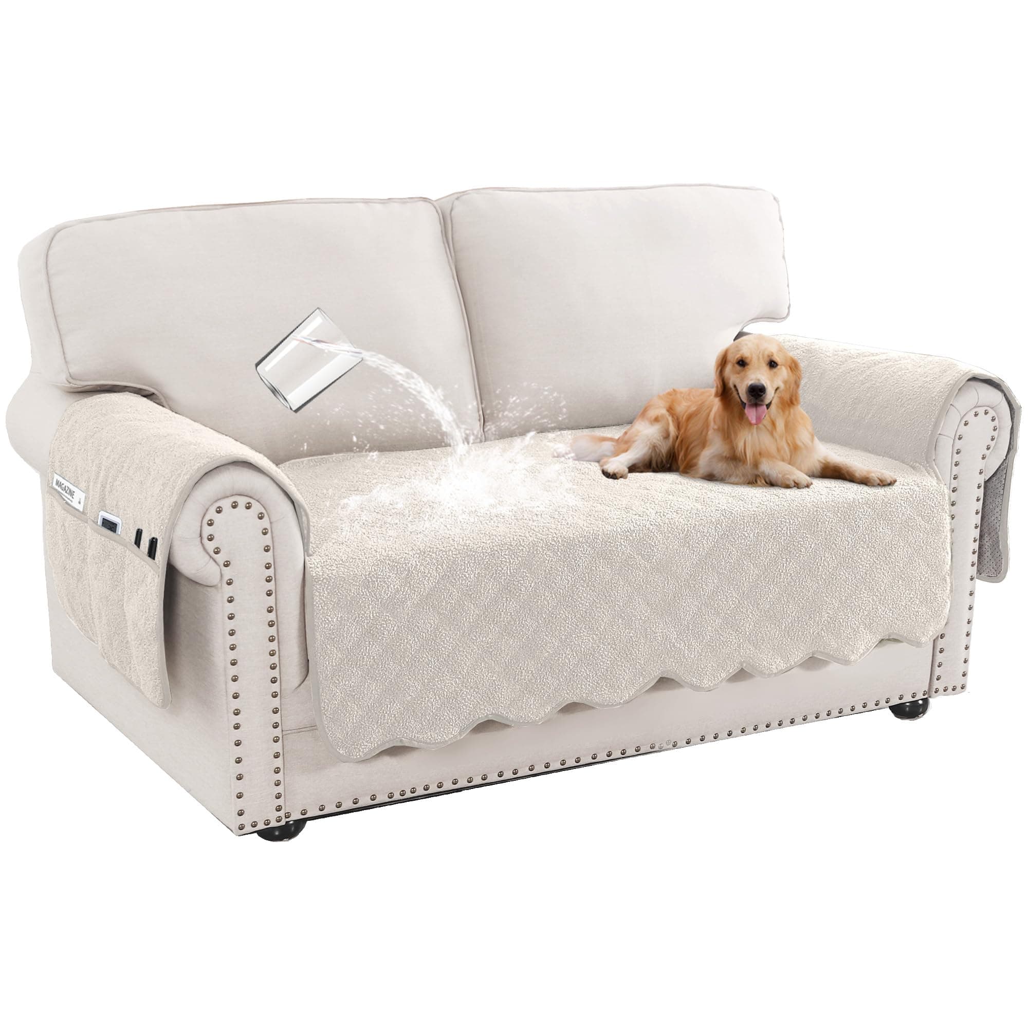 Turquoize Waterproof Dog Loveseat Cover with Side Pocket (Natural White)